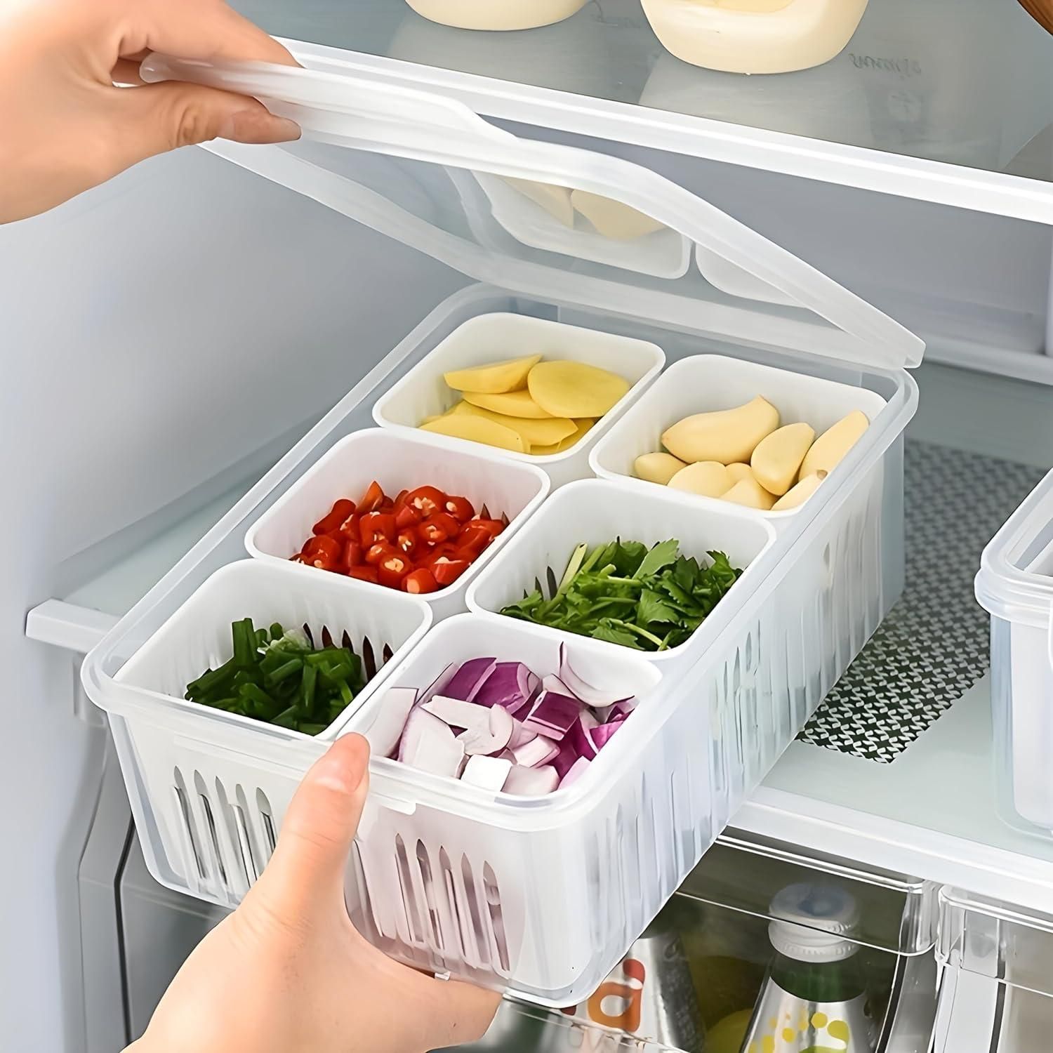 6-In-1 Kitchen Scallion Storage Box, Reusable Refrigerator Fruit Food Fresh-Keeping Drain Box, Multi Compartment Food Container