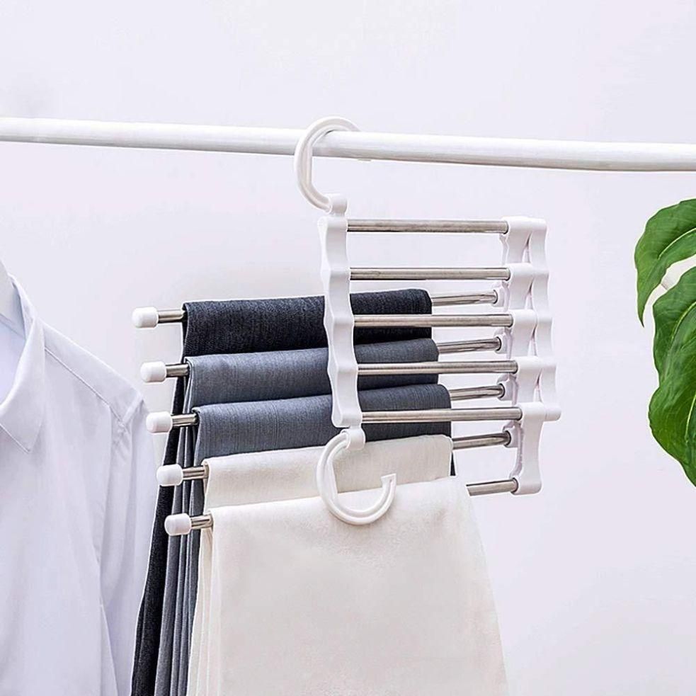 5 In 1 Stainless Steel Multifunction Retractable Rack Trouser Hanger Storage Organizer for Clothes, Skirt, Pants