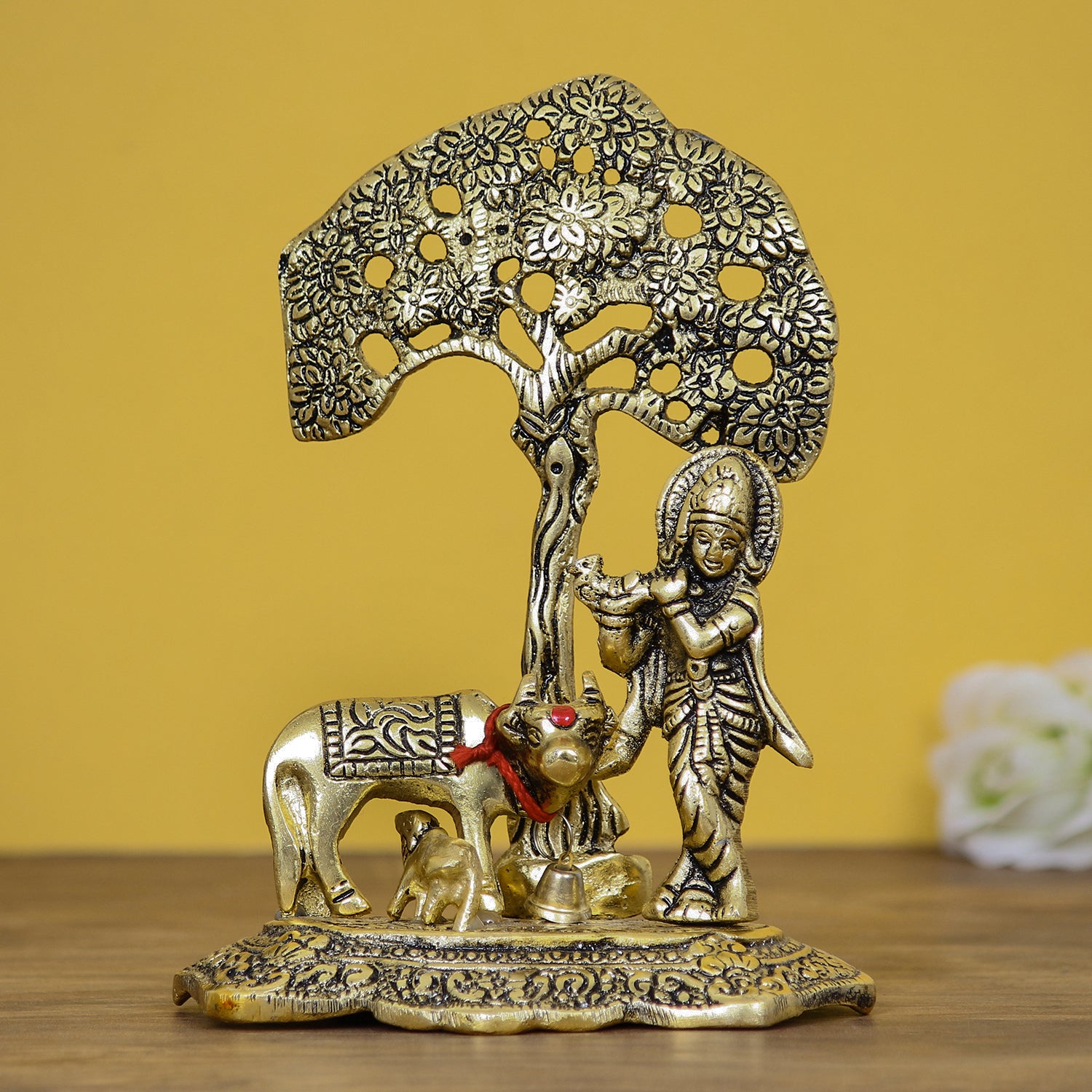 Lord Krishna playing Flute under Tree with Golden Cow and Calf Showpiece