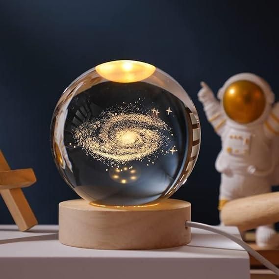 3D Carved Crystal Galaxy Ball Night Light - Colorful Luminous Wooden Base Decor for Indoor and Outdoor Use - Unique Holiday Gift for Various Room Types