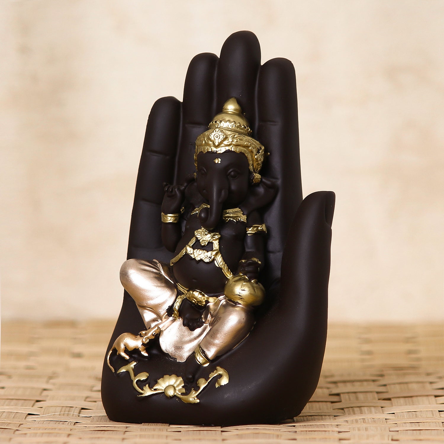 Black and Golden Handcrafted Polyresin Palm Ganesha Ji Idol